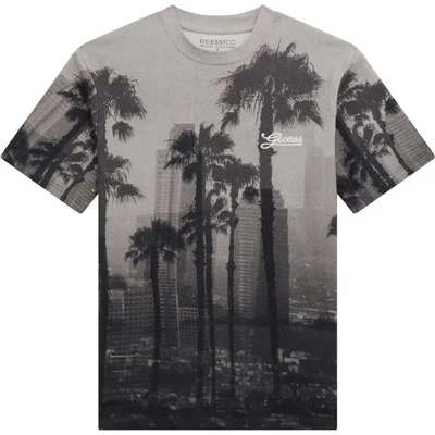 GUESS Oversize тениска за момче със сиво-черен десен с палми и сгради Guess