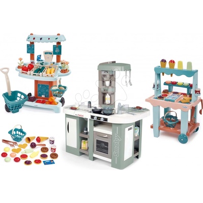 Smoby Set kuchyňka elektronická s bubláním Tefal Studio Kitchen XL Bubble 360° a zeleninový Bio stánek a stánek se zmrzlinou a vaflemi