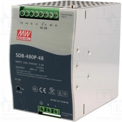 MEAN WELL SDR-480P-48 Napájecí zdroj: spínaný; na lištu DIN; 480W; 48VDC; 10A; 90÷264VAC