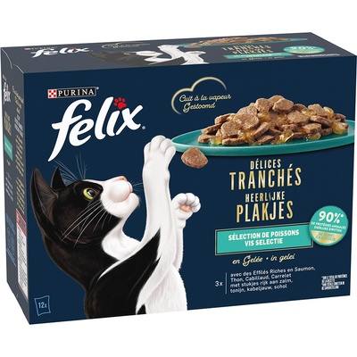 FELIX 48x80г Deliciously Sliced Felix, консервирана храна за котки - океанска селекция в желе