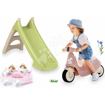 Smoby Set šmykľavka s vodnou hrou a odrážadlo skúter XS Slide Green Life dĺžka šmyku 90 cm a čajová súprava Princezné
