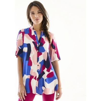 Tunika na gombíky s tuniským výstrihom a grafickou potlačou purpurová nám.modrá