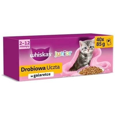 WHISKAS Junior Drůbeží mix 120x85 g 120x85 g krmivo s kuřecím, kachním, drůbežím a krůtím masem v želé pro koťata + 40 kapsiček