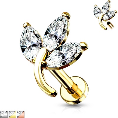 Šperky eshop piercing z oceli do ucha brady rtu okvětní plátky s čirými zirkony vnitřní závit rhodiovaný X39.20 stříbrná