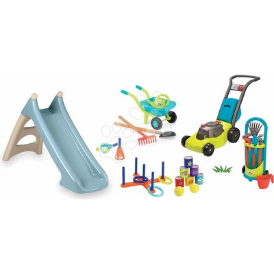 Smoby Set šmykľavka s vodnou hrou a kosačka s fúrikom XS Slide Blue Life dĺžka šmyku 90 cm a vozík na záhradu s náradím a športový set