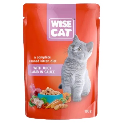 Wise Cat - Пауч за малки котенца, вкусни парченца с агнешко месо в сос, 24 броя х 100 гр