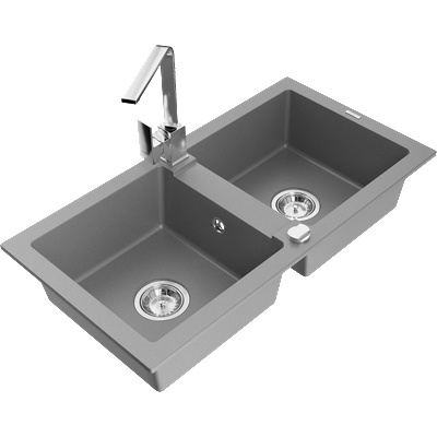 Mexen Mario двоен кухненски гранитен мивка с батерия Rita, сив - 6504-71-670300-00 (6504-71-670300-00)