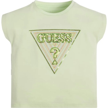 GUESS Тениска с къс ръкав в бледо зелено за момиче със златисти пайети Guess