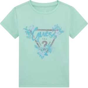 GUESS Зелена тениска със сребристо лого Guess с глитери и цветя за момиче