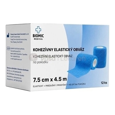 Biomic Kohezívny elastický obväz Modrý (7,5 cm x 4,5 m) 12 fixačných obväzov