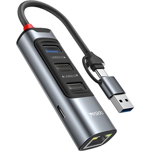 YESIDO Докинг станция - Yesido HB21 - USB/Type-C → 3× USB + USB-C + RJ45 1000M, PD100W, 5Gbps - Сив
