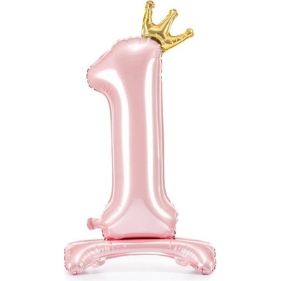 PartyDeco Balónik fóliový Stojacie číslo 1 s korunkou svetlo ružový 84 cm