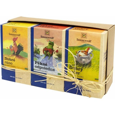 SONNENTOR Hezký den SONNENTOR Dobré ráno BIO bylinný čaj porcovaný 18x1.5 g + SONNENTOR Dobrý večer BIO bylinný čaj porcovaný 18x1.5 g + SONNENTOR Pěkné odpoledne BIO bylinný čaj dvoukomorový sáček 18