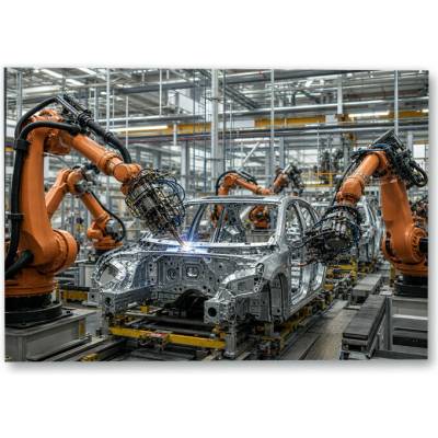 Plakát – Robotická ramena při montáži automobilové karoserie 150 × 105 cm Bez rámu Ne Bez rámu – Hledejceny.cz