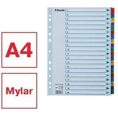 ESSELTE Zesílené rejstříky Mylar, mix barev, karton, A4, 1-20, ESSELTE 16885