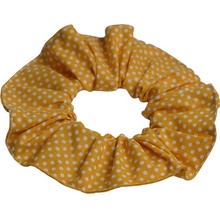 Bavlněná scrunchie gumička do vlasů tmavě žlutá s bílým puntíkem