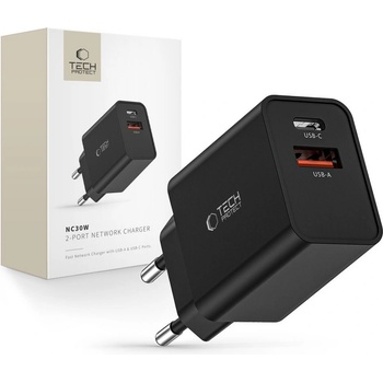 Tech-Protect Мрежово зарядно устройство с 2 порта от Tech-Protect NC30W Power Delivery и Quick Charge 3.0 - Черно (9490713935187)