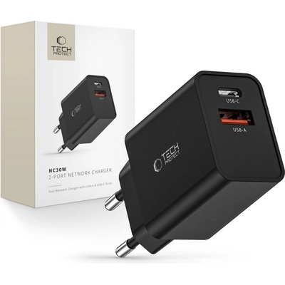Tech-Protect Мрежово зарядно устройство с 2 порта от Tech-Protect NC30W Power Delivery и Quick Charge 3.0 - Черно (9490713935187)