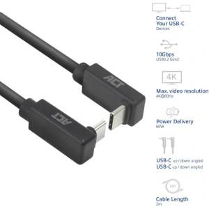 ACT USB-C кабел ACT, USB-C към USB-C, 2м, 10Gbps, 60W, ъглов нагоре/надолу, черен - AC7478 (AC7478)