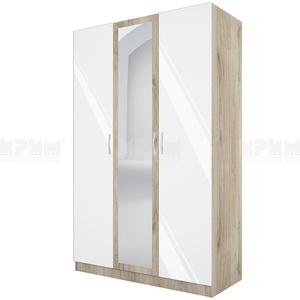 Bogdan Furniture I Трикрилен гардероб Mod 1003 с огледало, Сонома арвен/Бял гланц