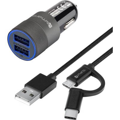Зарядно за кола и качествен кабел с оплетка от неръждаема стомана за microUSB и USB-C стандарти 150 см. - 4smarts Car-Bundle Hybrid 15.5W with 2in1 ComboCord Cable (черен) (4S464444)