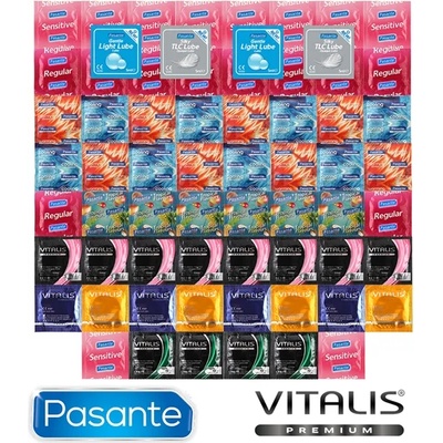 Pasante Christmas Package of Warming, Cooling and Glowing Condoms - 62 Pasante Condoms and Vitalis Premium + 4 Pasante Lubricating Gels as a Gift