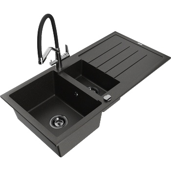 Mexen Andres гранитна мивка 1, 5-коморна с отцедник и кухненски смесител Duo, черно/златен металик - 6515-75-671701-07-B (6515-75-671701-07-B)