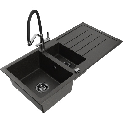 Mexen Andres гранитна мивка 1, 5-коморна с отцедник и кухненски смесител Duo, черно/златен металик - 6515-75-671701-07-B (6515-75-671701-07-B)