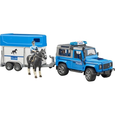 BRUDER Bruder Land Rover Defender полицейски джип, с ремарке за полицейски кон, с кон и полицай (02588)
