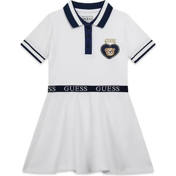 Guess Бяла рокля с къс ръкав и яка за мини момиче с тъмно сини детайли и мече Guess