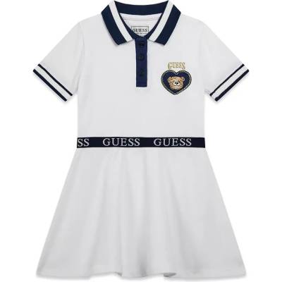 Guess Бяла рокля с къс ръкав и яка за мини момиче с тъмно сини детайли и мече Guess