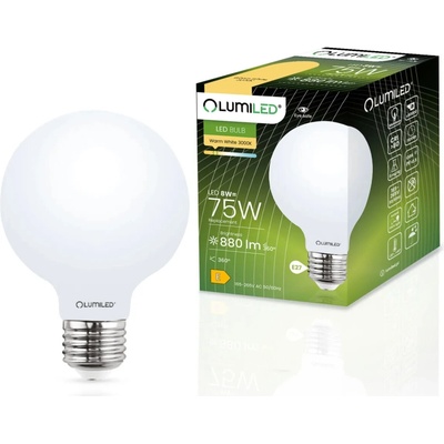 Lumiled LED žárovka E27 G95 8W = 75W 3000K Teplá bílá Globe Mléčná Filament