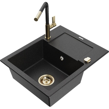 Mexen Enzo гранитна мивка с 1 камера и отцедник и кухненски смесител Flora, черен/сребърен металик - 6506-73-670401-57-G (6506-73-670401-57-G)