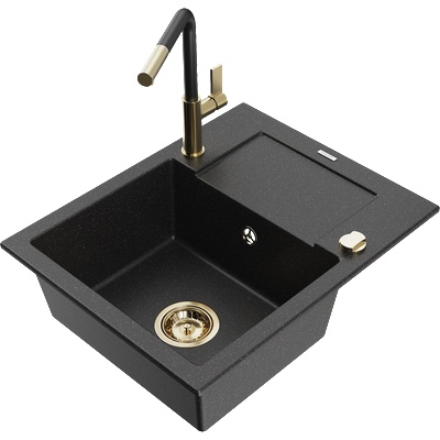 Mexen Enzo гранитна мивка с 1 камера и отцедник и кухненски смесител Flora, черен/сребърен металик - 6506-73-670401-57-G (6506-73-670401-57-G)