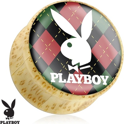 Šperky eshop plug do ucha z bambusového dřeva zajíček playboy na károvaném podkladu S1.13