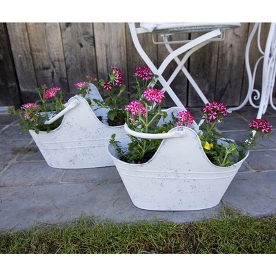 Clayre & Eef biely antik plechový kvetináč s ušami 40x21x25 / 35x18x23 cm 2 ks