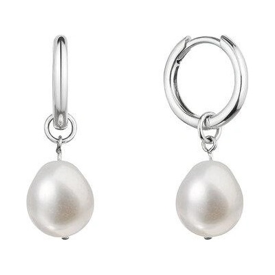 Evolution Group strieborné náušnice kruhy s visací bílou říční perlou baroko 21106.1