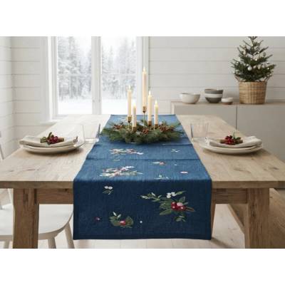 Textilomanie Vianočný behúň WINTER BERRIES 40x150 cm tmavomodrý