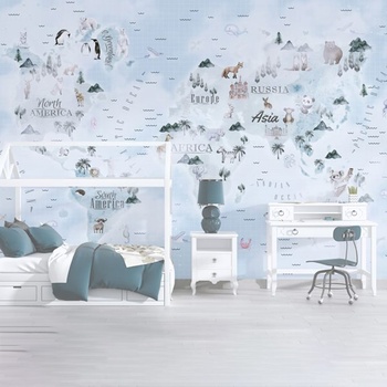 Decono Детски Фототапет Карта на Света в Синьо