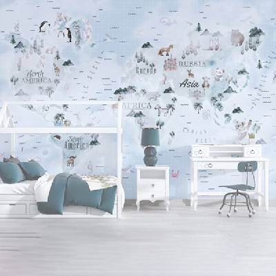 Decono Детски Фототапет Карта на Света в Синьо