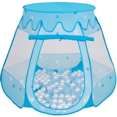 Selonis stan na hraní 105X90cm/100 míčků Hradní domeček Pop Up Ballpit Modrá:Pearl-Transparentní