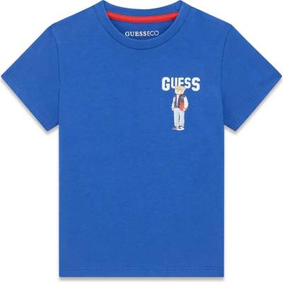 GUESS Синя тениска за мини момче с бял надпис Guess и малко мече