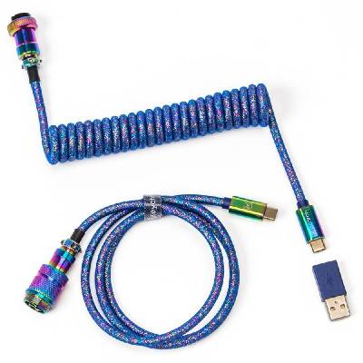 Кабел за клавиатура Keychron Colorful Premium Coiled Aviator Rainbow Plated Blue (Cab-6), от USB C(м) към USB C(м), 1.08м, светло-син (Cab-6)