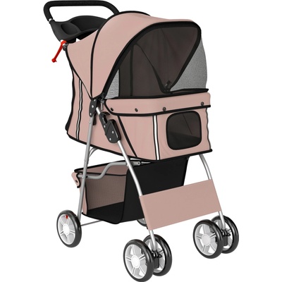 PawHut Skládací psí kočárek s reflexními proužky úložným košem a polštářem pro malé psy do 10 kg 77 x 44 x 102 cm kávový