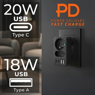Maclean токов контакт x2 + 4xUSB, разклонител с 2 гнезда, 2xUSB A, 2xUSB C PD 20W, 1x16A + 1x6A, MCE249 F/B (MCE249 F/B)
