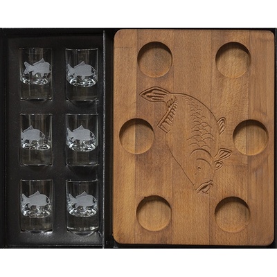 Bohemia Crystal na lihoviny pro rybáře na dřevěném prkýnku 6 panákovek 30 ml