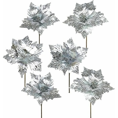 DOMMIO Poinsetie květ - zápich textilní, průměr 25 cm, 6 ks, třpytivá stříbrná