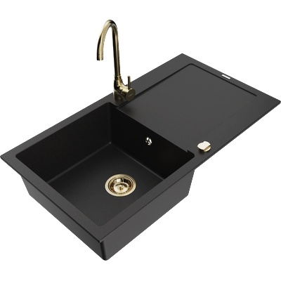 Mexen Leo мивка от гранит с 1 камера с отцедник и кухненски смесител Telma, черен - 6501-77-670200-50 (6501-77-670200-50)