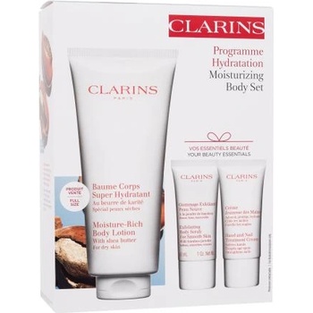 Clarins Moisture Rich подаръчен комплект: лосион за тяло Moisture-Rich Body Lotion 200 ml + пилинг за тяло Exfoliating Body Scrub 30 ml + крем за ръце Hand and Nail Treatment Cream 30 ml за жени