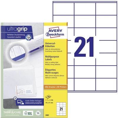 Avery-Zweckform 3481 70 x 41 mm papier biela 2100 ks trvalé univerzálne etikety atrament, laser, kópie; 3481